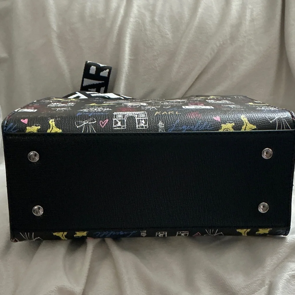 Karl Lagerfeld Black Paris Print Satchel with Multicolor Motifs